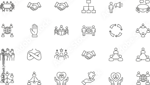 Professional business teamwork line icon set, including collaboration, handshake, leadership, corporate meeting, global network, human resources, puzzle solution, and partnership symbols.