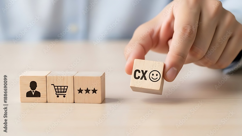 Naklejka premium Hand arranging wooden blocks with customer experience icons