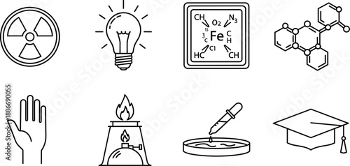 Science and Chemistry Education Line Icon Set Featuring Radioactive Symbol, Light Bulb, Periodic Table, Molecular Structure, Laboratory Tools, and Graduation
