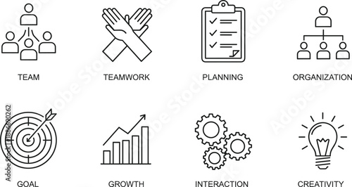 Set of business line icons featuring team collaboration planning checklists organizational charts target goals growth charts interaction gears and creativity bulbs