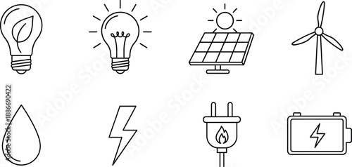 Set of clean energy line icons featuring solar panels wind turbines eco light bulbs power plugs and renewable battery storage symbols