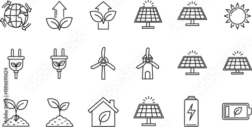 Set of ecology line icons featuring solar panels wind turbines global recycling symbols electric plugs battery storage and sustainable growth elements