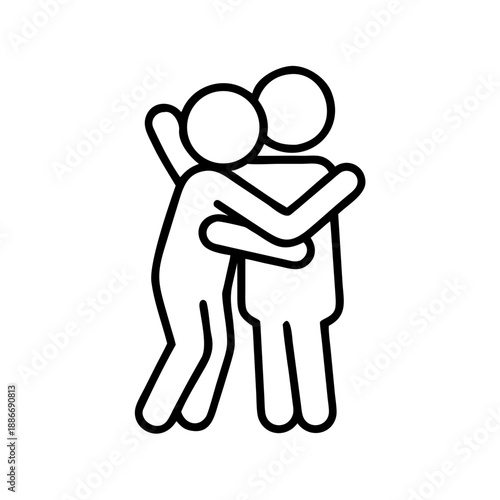 Black outline illustration of two stick figures hugging each other on a white background
