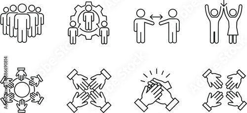 Set of teamwork line icons featuring group collaboration professional unity partnership hands joining community support social interaction and collective success symbols