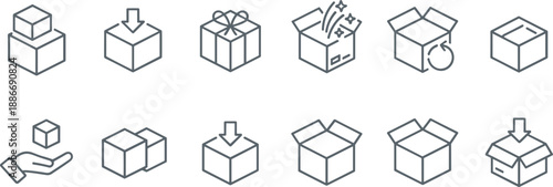 Adobe Stock Title Shipping Box Line Icons Set Featuring Logistics Packaging Delivery Gift Box Return Parcel Open Box Hand Holding Cube and Storage Concept
