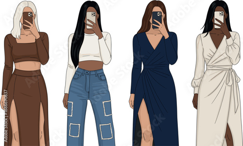 Flat vector illustration of stylish women taking mirror selfies in trendy outfits and dresses