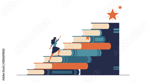 Woman climbing stack of books to reach star goals symbolizing education and ambition