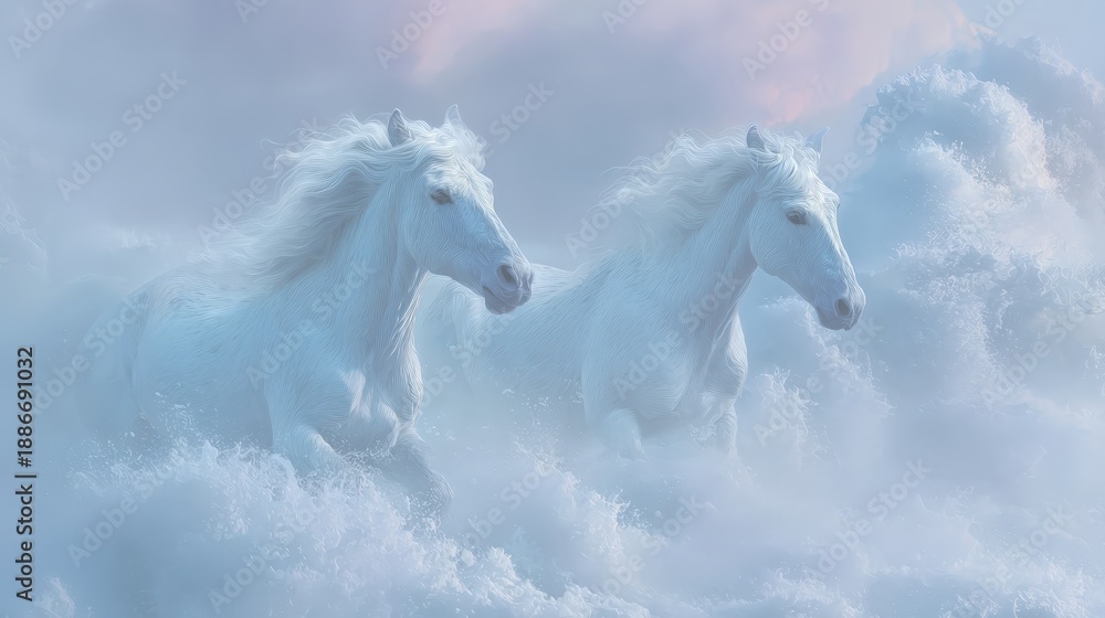 Fototapeta premium Celestial Run: Two majestic horses gallop freely through the fluffy, ethereal clouds, capturing a sense of freedom and serenity. This image evokes dreams, adventure, and the magic of a fantasy world.