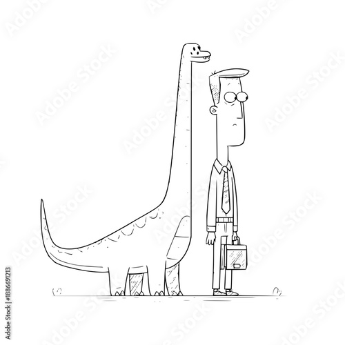 Businessman standing next to giant dinosaur, illustration