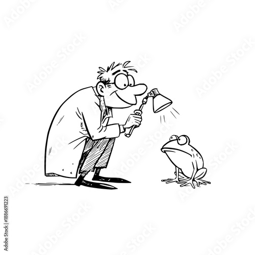 Man Examining Frog with Magnifying Glass