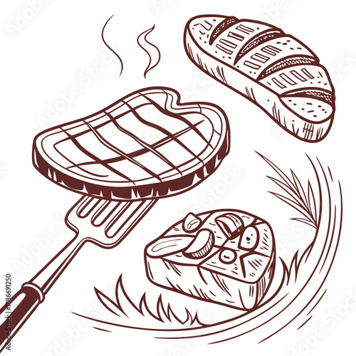 Barbecue, pieces of meat on fork food meat. Hand drawn steak BBQ sketch vector illustration