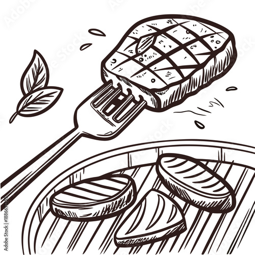 Barbecue, pieces of meat on fork food meat. Hand drawn steak BBQ sketch vector illustration