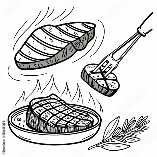 Barbecue, pieces of meat on fork food meat. Hand drawn steak BBQ sketch vector illustration