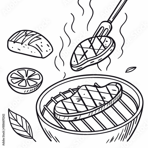 Barbecue, pieces of meat on fork food meat. Hand drawn steak BBQ sketch vector illustration