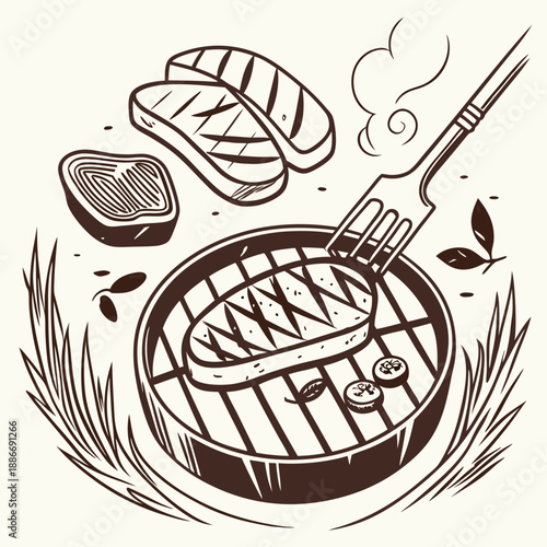 Barbecue, pieces of meat on fork food meat. Hand drawn steak BBQ sketch vector illustration