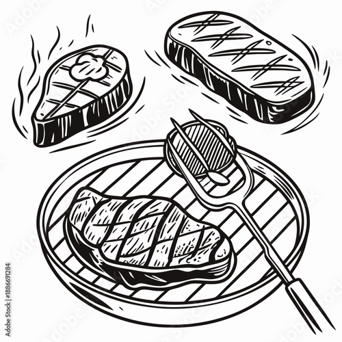 Barbecue, pieces of meat on fork food meat. Hand drawn steak BBQ sketch vector illustration