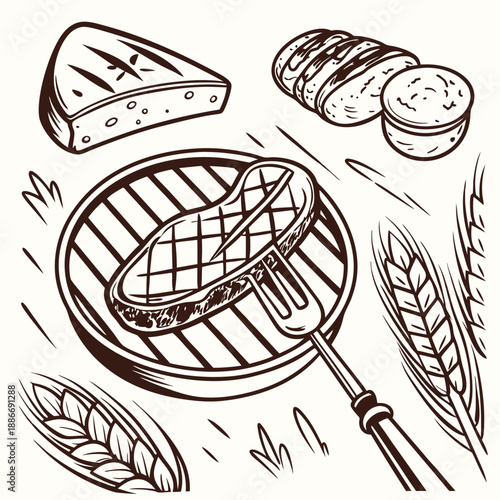 Barbecue, pieces of meat on fork food meat. Hand drawn steak BBQ sketch vector illustration