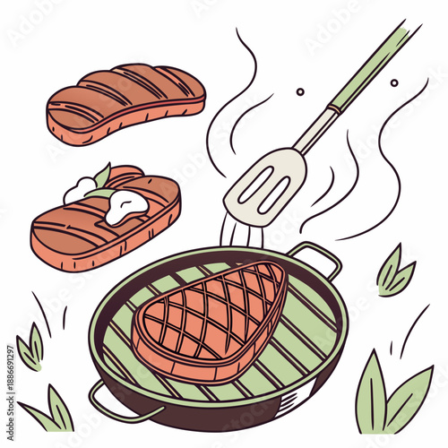Barbecue, pieces of meat on fork food meat. Hand drawn steak BBQ sketch vector illustration