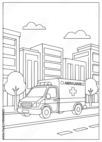 Ambulance coloring page for children featuring emergency medical vehicle scene