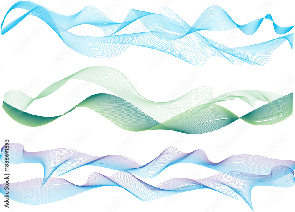 Fototapeta premium Abstract flowing wave ribbons in blue and green tones on white background. Soft transparent curves creating smooth motion and airy feel, suitable for modern backgrounds, corporate design, healthcare.