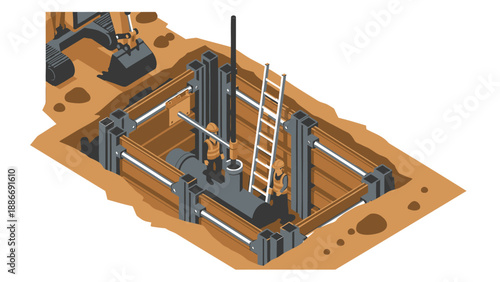 Construction site with excavator and workers building foundation with steel beams and concrete pillars