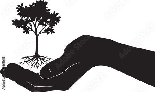 Silhouette of a hand gently holding a small tree with visible roots, representing growth and care.
