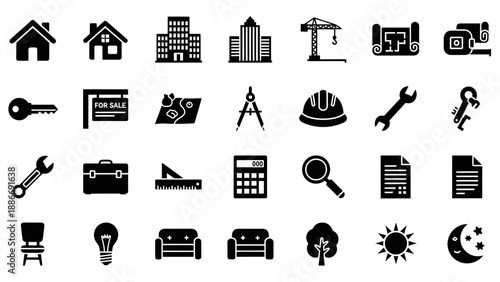 Real estate property icons set with house, location, price, mortgage, and sale vector illustration