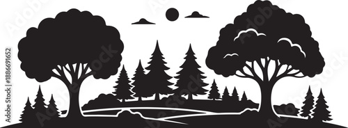 Silhouette of a lush forest landscape with varied trees under a sun and cloud sky, representing nature.