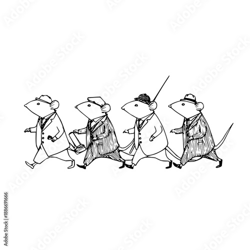 Mice Detectives Walking in Line