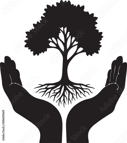 Silhouette of two cupped hands holding a thriving tree with abundant roots, symbolizing protection.