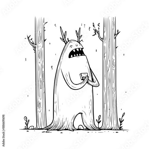 Scary Monster Hiding Behind Trees in Forest