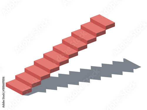 A series of red stairs ascends, distinct shadow below, vector illustration, architectural design concept, perspective steps, modern staircase, minimalistic background, creative visual composition
