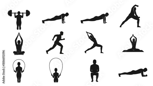 Silhouette yoga and meditation poses set flat design vector illustration isolated on black background