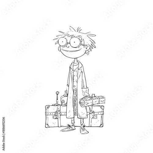 Cartoon Scientist with Suitcases