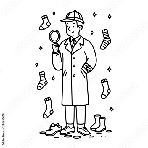 Detective Searching Socks with Magnifying Glass