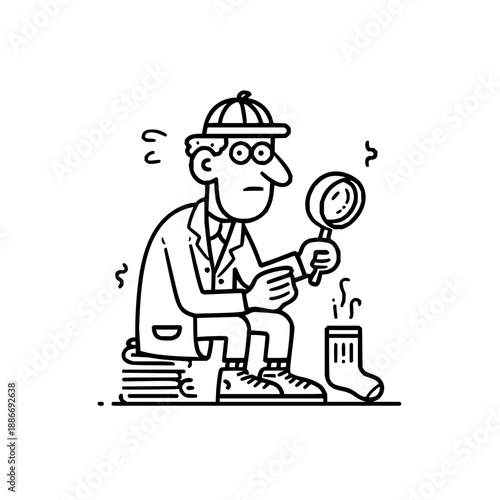 Detective Searching with Magnifying Glass Sitting on Books