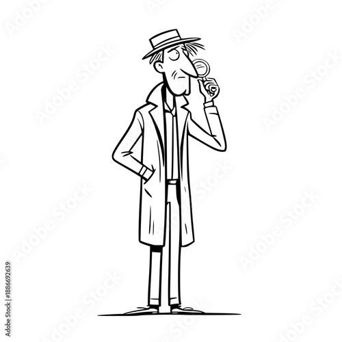 Detective Man Thinking with Magnifying Glass in Hand