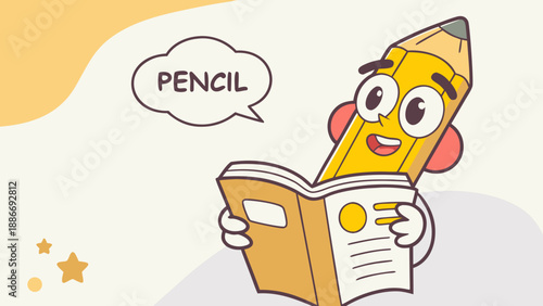Animated cartoon pencil holding a book, curious expression, concept of learning and education.