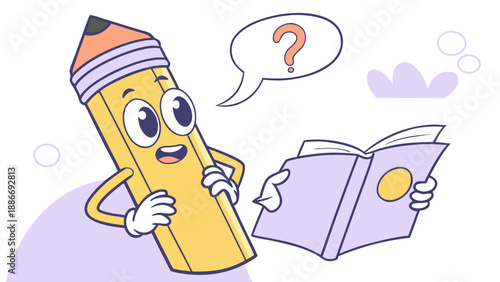 Animated cartoon pencil holding a book, curious expression, concept of learning and education.
