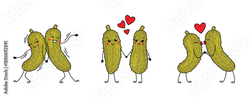 Pickles couple in love. Cute pickled cucumbers characters for St. Valentine's Day. Funny vegetables characters design. Food vector illustration