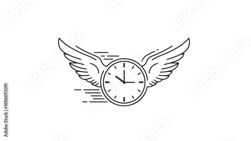 Winged clock symbolizing speed and time management with motion lines on white background