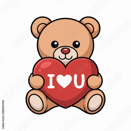 Brown teddy bear holding red heart with I love you text