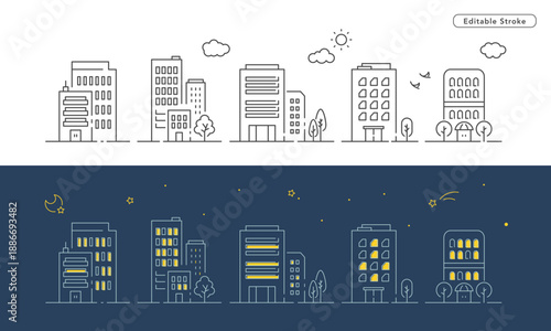 都会の街並みのベクター線画イラスト。高層ビルやオフィス街、レトロなホテルなどが並んだ風景。コーポレートサイトの背景や会社案内のパンフレット制作に。Editable stroke