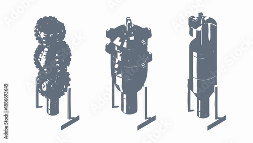 Three gray industrial machines on stands with varied mechanical components and textures