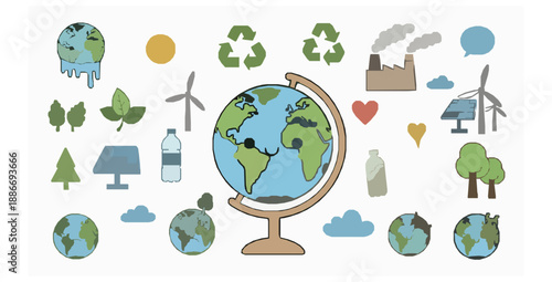 Cute planet Earth ecology doodle sticker set with environmental conservation and global warming concepts