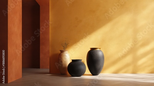 Rustic ochre and jet black color pairing with natural daylight spotlighting brushed brass ornaments and deep floor shadows
