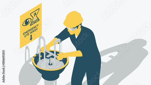 Worker washing eye with emergency eye wash station in industrial setting