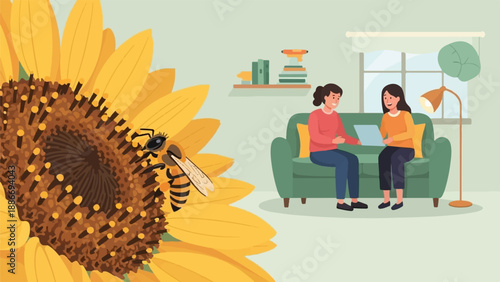 Two people consult a laptop on a sofa, next to a large sunflower with a bee