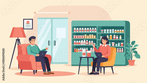 Two people consult with laptops near medicine shelves in a serene setting