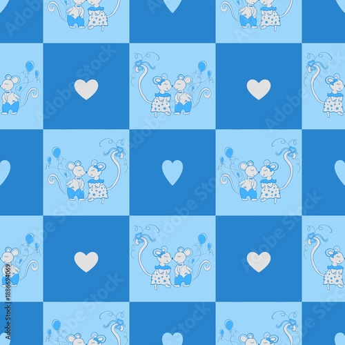 Adorable cartoon mice couple with hearts and balloons in blue checkered squares, flat style, on seamless blue background, concept of love